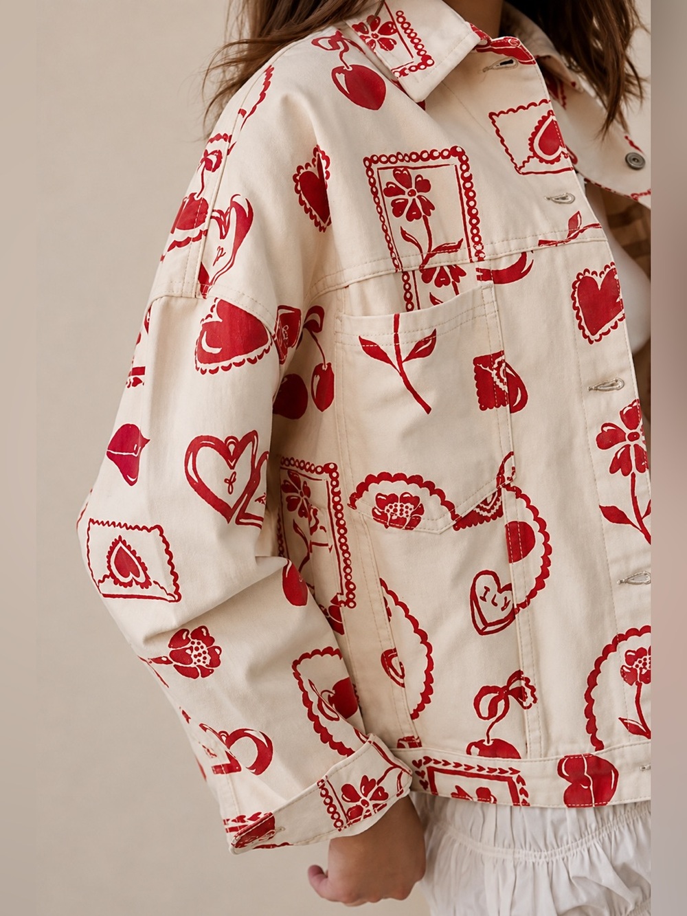 Free People Opal Swing Candy Heart Printed Denim Jacket Red Cream M Cotton Rare
